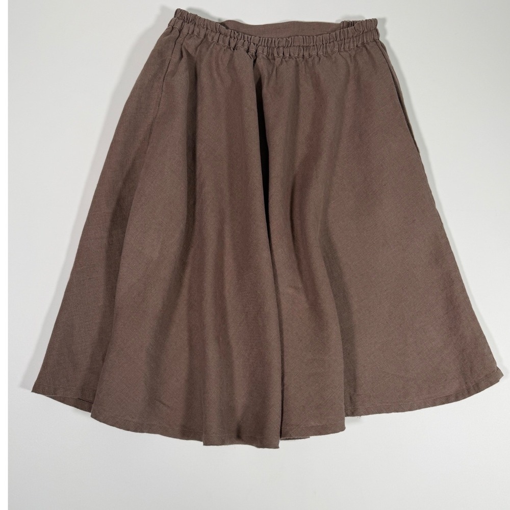 Linenbee 100 Linen Brown Pull-On A-Line Midi Skirt Pockets XS Small Cottagecore - Picture 3 of 8